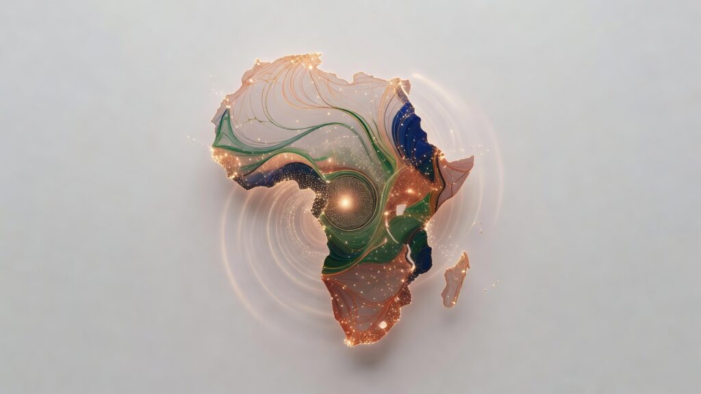 Ilustración editorial: la silueta abstracta de África formada por pequeños nodos luminosos unidos por cintas de luz, con un núcleo compacto y cálido que irradia desde el centro, sobre ocre, terracota, verde e índigo.