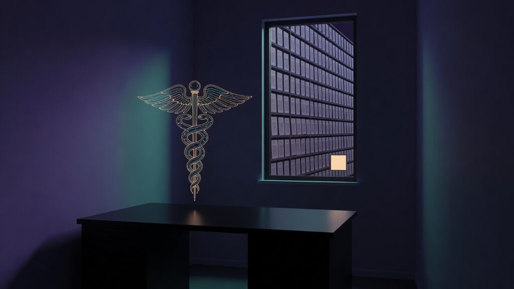 Ilustración editorial: un caduceo con alas y serpientes entrelazadas, dibujado con trazos luminosos dorados y cian, flota sobre un escritorio oscuro y vacío; por la ventana se ve un edificio con filas de compartimentos, y un pequeño cuadrado iluminado en uno de ellos
