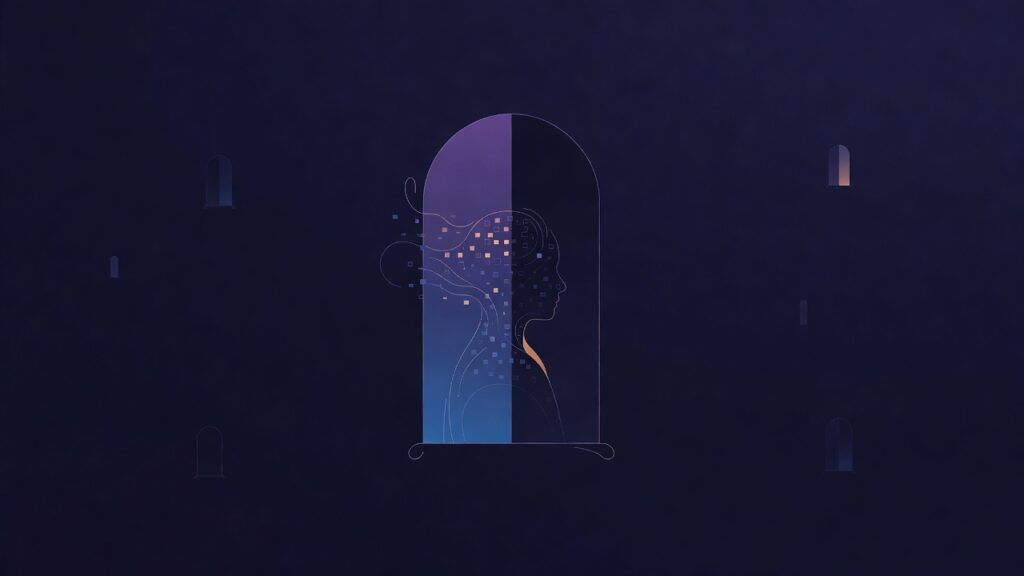 Ilustración editorial: un arco o ventana alta dividido por la mitad, una mitad encendida en azul y violeta y la otra a oscuras, con un perfil humano tenue formado por partículas de código que se disuelven; alrededor, ventanas lejanas apagadas.
