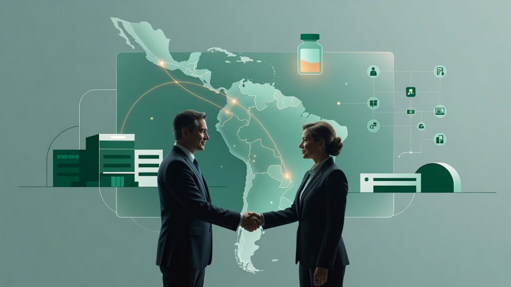 Ilustración de dos funcionarios de salud que se estrechan la mano frente a un mapa translúcido de América Latina, con líneas de conexión entre dos capitales y siluetas de hospital, medicamento y clínicas