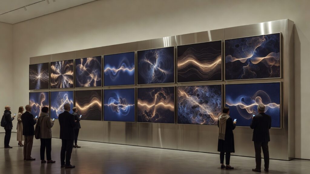 Ilustración de una sala de museo con doce pantallas sincronizadas en una estructura de aluminio, cada una con una obra digital abstracta distinta, y visitantes que interactúan con sus teléfonos
