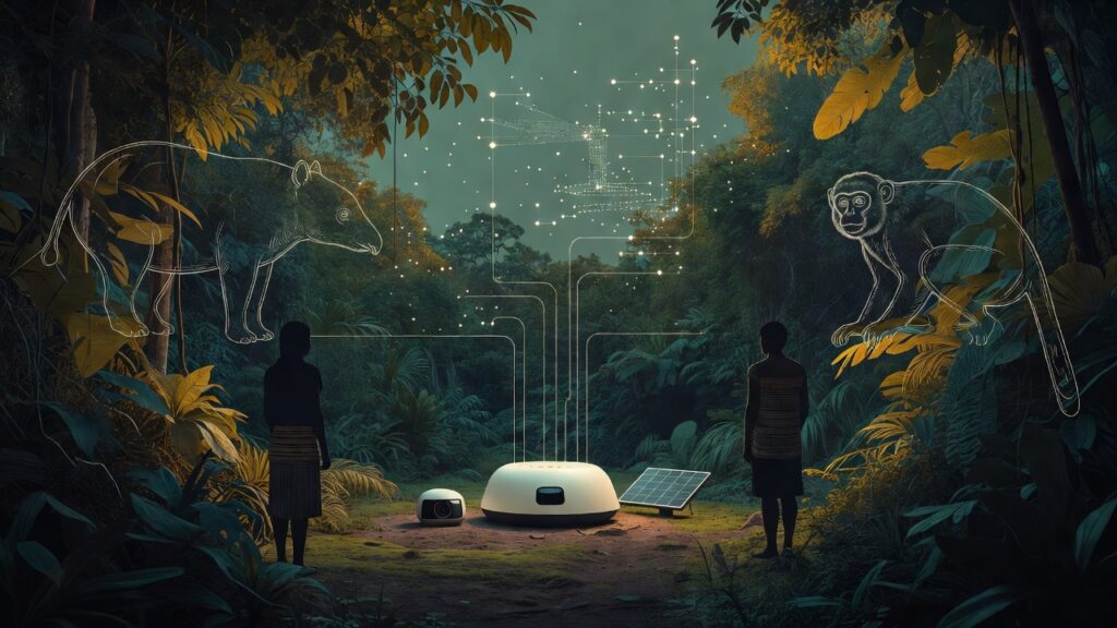 Ilustración editorial: una cúpula blanca con cámara y panel solar en un claro de la selva amazónica, con siluetas humanas y de fauna en líneas luminosas sobre el follaje.