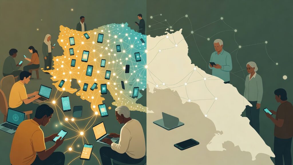 Ilustración dividida: lado izquierdo muestra mapa coloreado en tonos amarillos y azules cubierto por numerosos smartphones y laptops conectados con líneas luminosas y puntos brillantes, rodeado de personas diversas usando dispositivos; lado derecho muestra contorno blanco del mapa con red dispersa de puntos y líneas, con menos personas usando teléfonos y una laptop sobre el suelo.