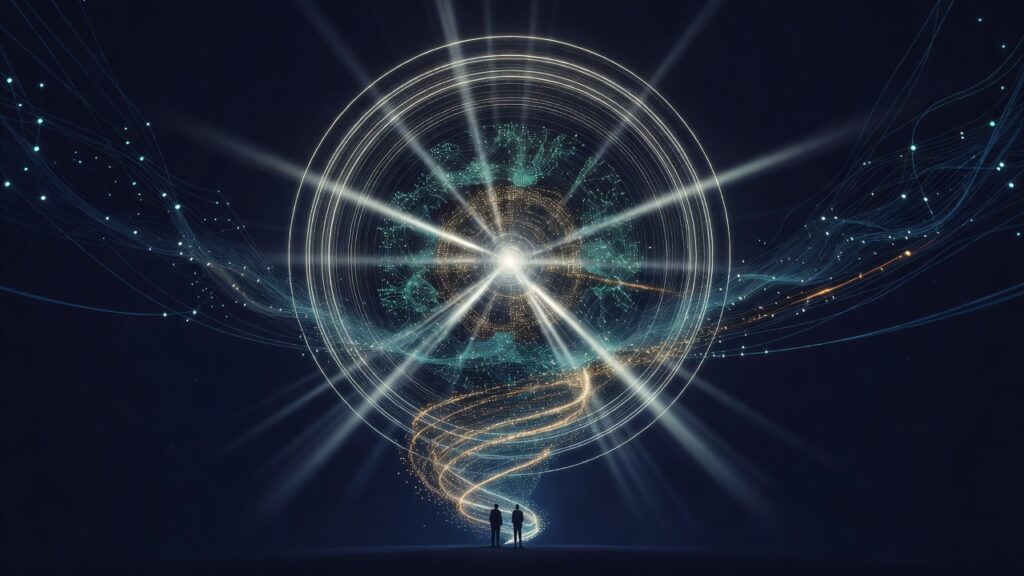 Dos figuras humanas observan una gran estructura circular luminosa con redes neuronales en su interior, rayos de luz intensos que irradian desde el centro y espirales de partículas doradas en un fondo oscuro.