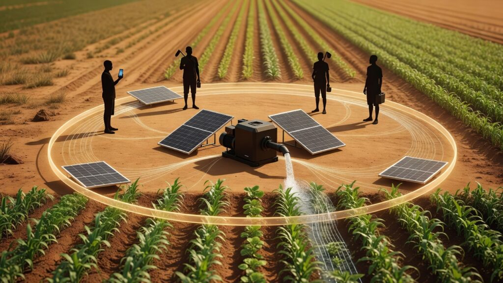 Ilustración editorial: una bomba de agua con dos paneles solares riega hileras de cultivos mientras cuatro agricultores forman un círculo de ahorro en torno a ella.