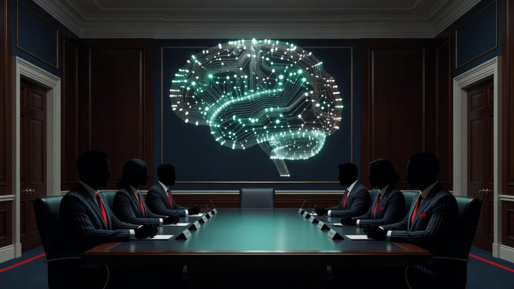 Seis figuras en trajes oscuros con corbatas rojas sentadas alrededor de una larga mesa verde en una sala de conferencias oscura. Las personas están en silueta. En la pared del fondo se muestra un gran cerebro luminoso verde formado por circuitos y nodos conectados.