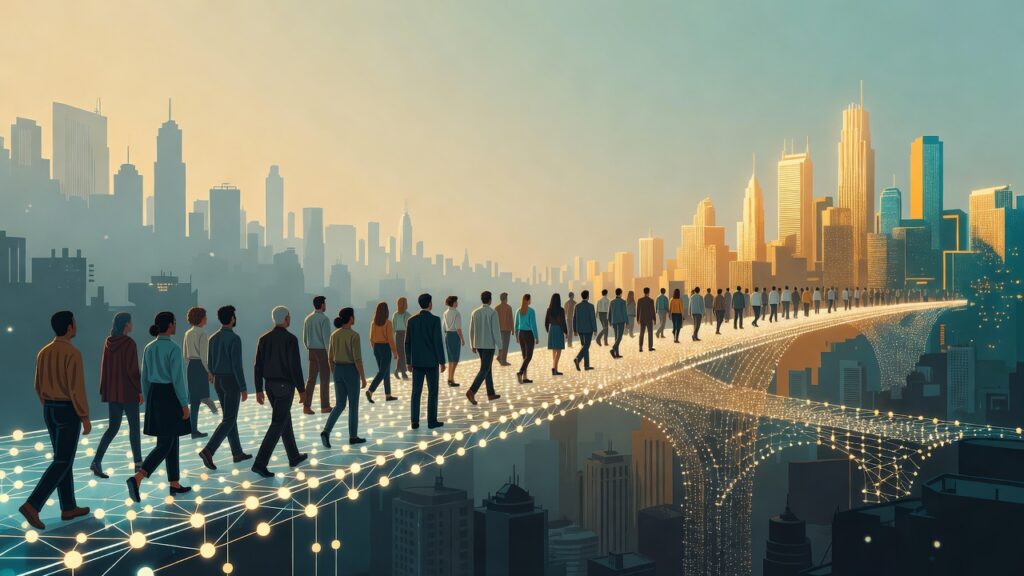 Grupo de personas caminando sobre un puente futurista compuesto por nodos y líneas de luz que conecta dos ciudades con rascacielos al atardecer.