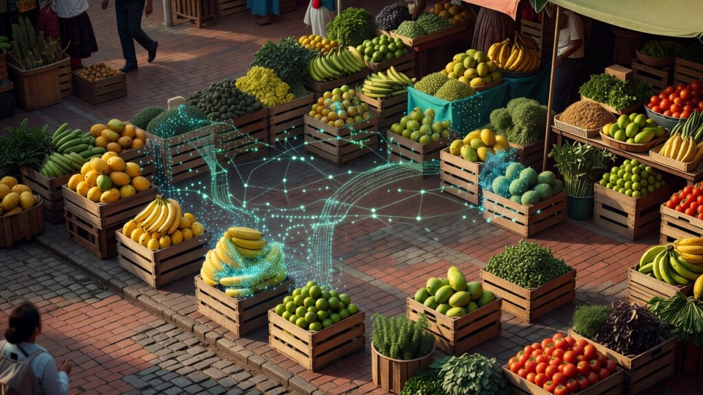 Ilustración editorial: vista aérea de una plaza de mercado con cajas de frutas y verduras, algunas convertidas en puntos de datos luminosos conectados entre sí.