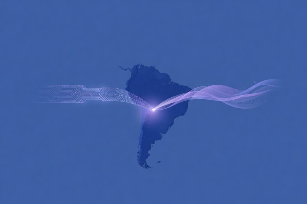 Dos caminos luminosos que se bifurcan desde un mismo origen sobre un mapa de Sudamérica en azul profundo, uno con retícula de circuitos y otro con ondas de datos