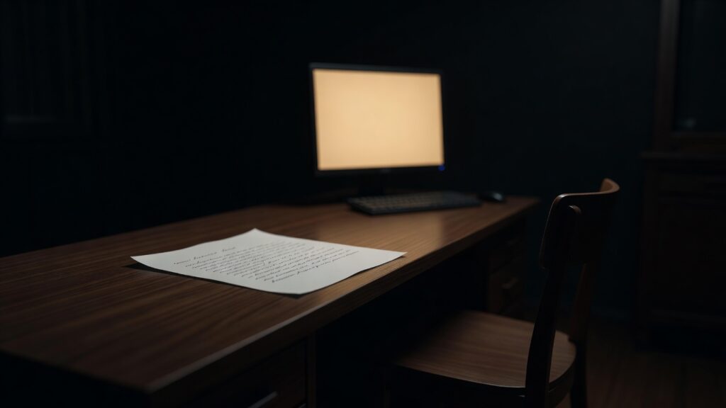 Una carta sobre una mesa iluminada por la luz de una pantalla encendida, en una habitación oscura