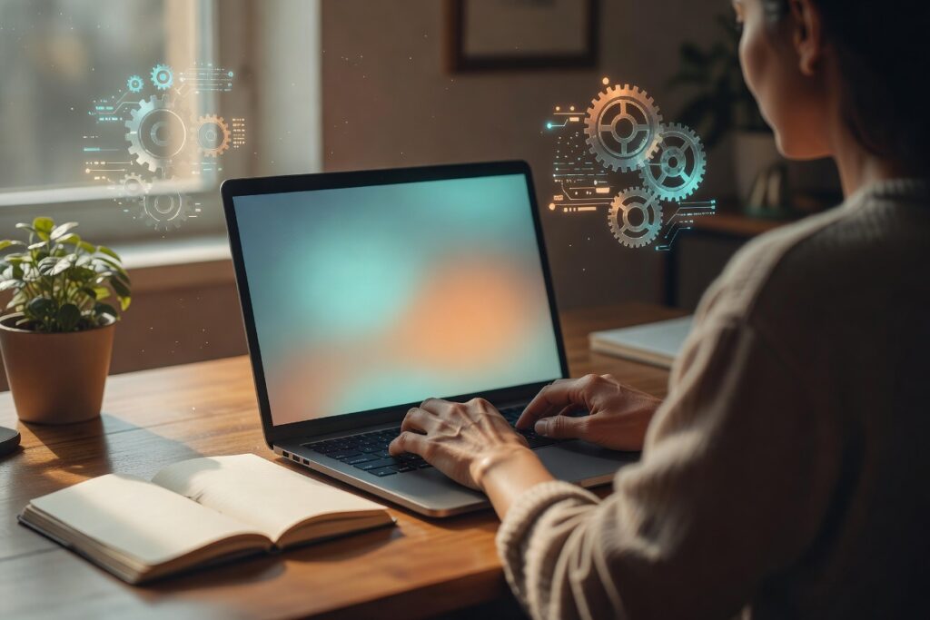 Escritorio de oficina con laptop y hologramas de engranajes y circuitos que representan el apadrinamiento tecnológico para pymes chilenas.