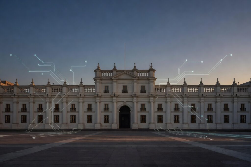 Palacio de La Moneda en Santiago al atardecer con un sutil overlay de circuitos luminosos que representa la regulación de inteligencia artificial en Chile.