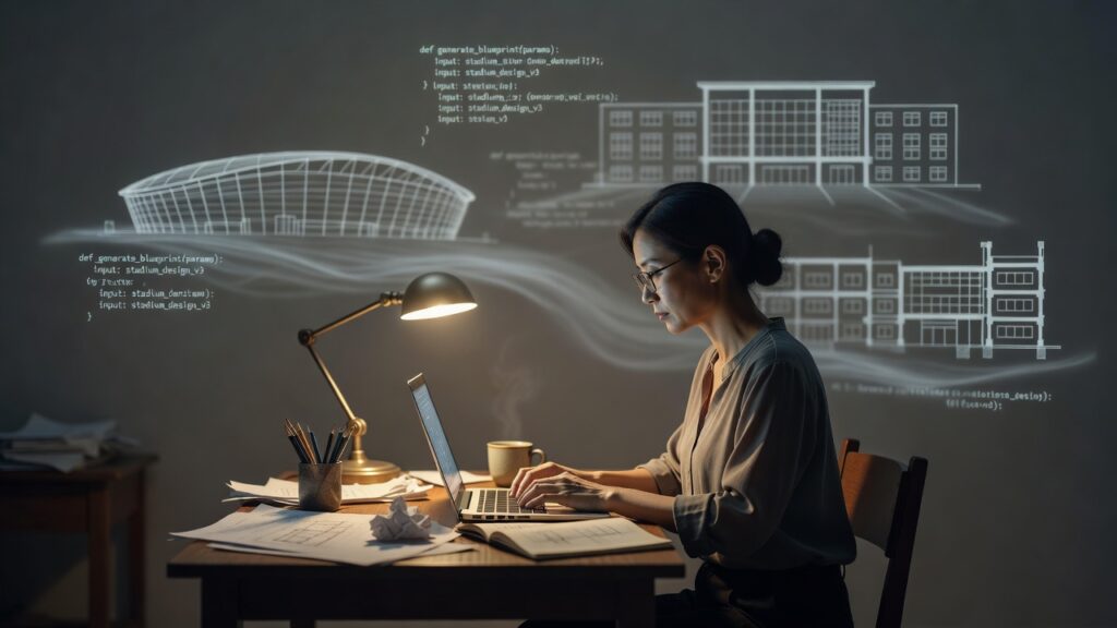 Arquitecta china de noche frente a una laptop escribiendo instrucciones, con planos de estadios y escuelas que se disuelven en líneas de código