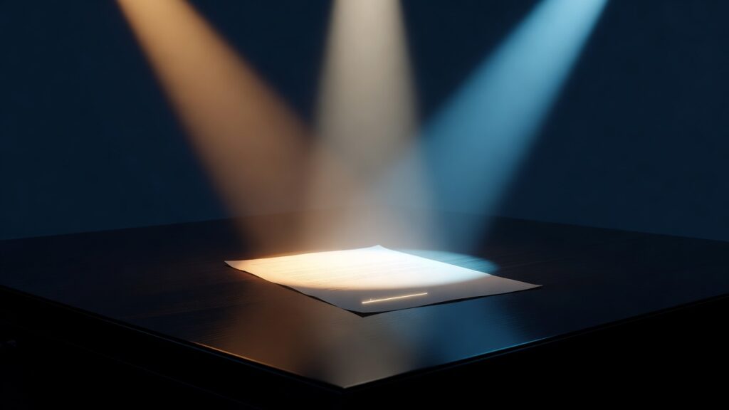 Hoja de papel blanco sobre mesa de madera oscura iluminada por dos haces de luz, uno cálido y otro azul, contra un fondo azul oscuro