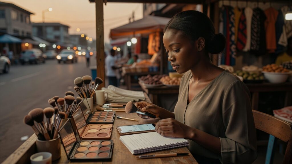 Maquilladora nigeriana en un mostrador de barrio en Lagos al atardecer, con brochas y una libreta, mirando un teléfono con una interfaz de chat