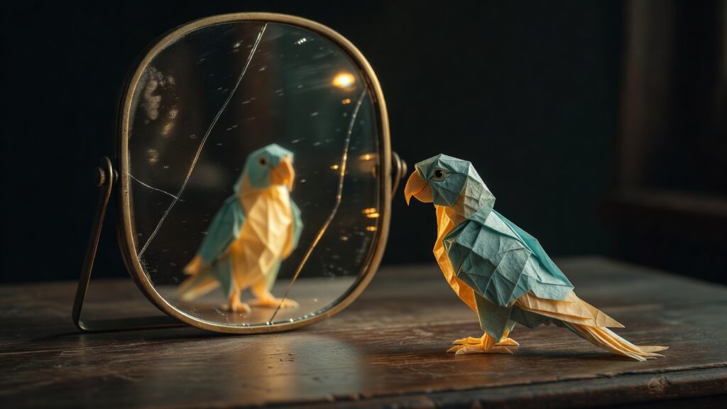 Loro de origami de papel en dos tonos teal y dorado frente a un espejo redondo de marco de latón que refleja su imagen, sobre una mesa oscura