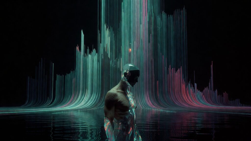 Figura humanoide mitad carne y mitad vidrio frente a franjas verticales de luz turquesa y magenta que emergen del agua negra, como un espectrograma convertido en arquitectura