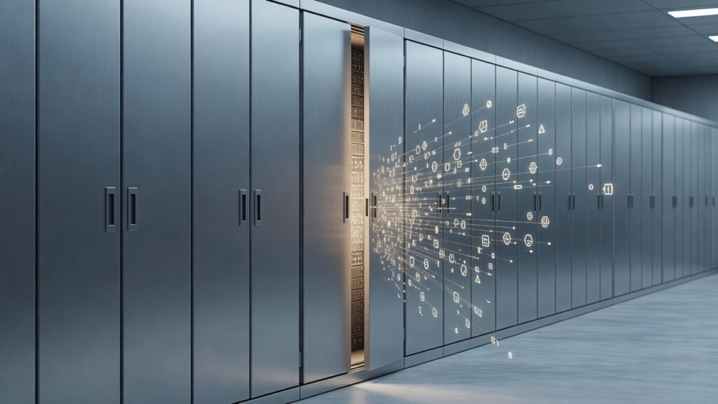 Sala de servidores con muchas puertas cerradas y una entreabierta por la que sale un enjambre de puntos de datos luminosos