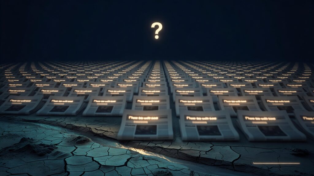 Campo extenso de periódicos con texto impreso y fotografías dispuestos en filas sobre suelo marrón agrietado y seco, gran signo de interrogación blanco luminoso flotando en cielo negro, perspectiva en profundidad, iluminación tenue azulada, estilo ilustración 3D cinematográfica