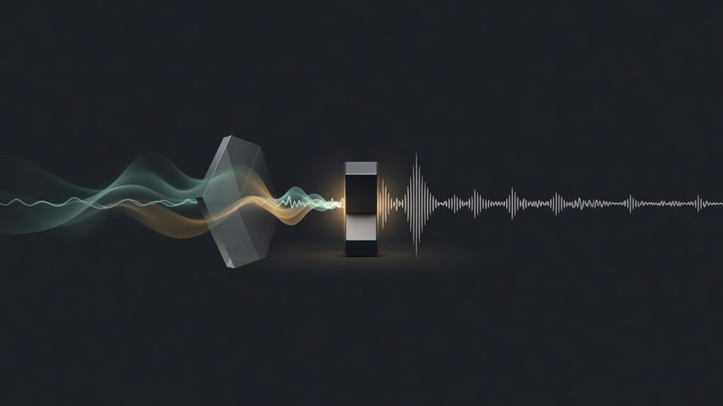 Ilustración editorial: una onda de audio horizontal atravesada en el centro por un gran interruptor luminoso en posición de encendido; a un lado la onda pasa por un prisma y se transforma en luz de colores, al otro continúa intacta; fondo gris carbón con acentos ámbar y turquesa.
