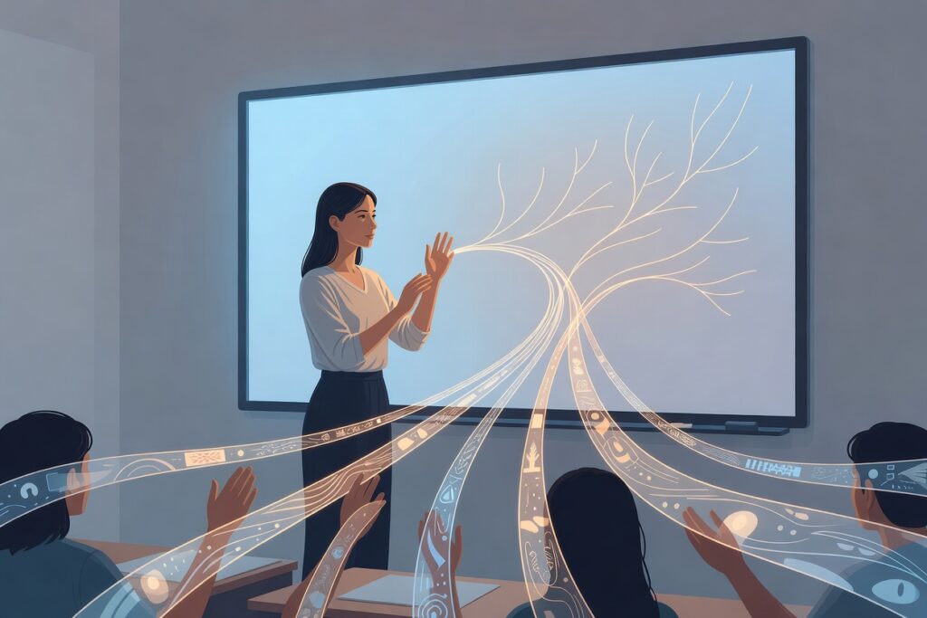 Docente de pie frente a una pizarra interactiva luminosa en un aula sencilla, unida por líneas de luz a las manos de los estudiantes