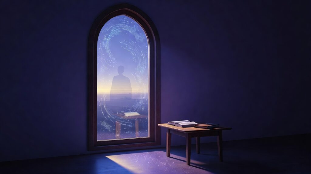 Ilustración digital de una silueta humana translúcida de pie dentro de una ventana arqueada de madera oscura, rodeada de partículas azules brillantes; un libro abierto reposa sobre una mesa pequeña y un haz de luz ilumina el suelo de la habitación de paredes púrpura oscuro, con un paisaje exterior luminoso al fondo