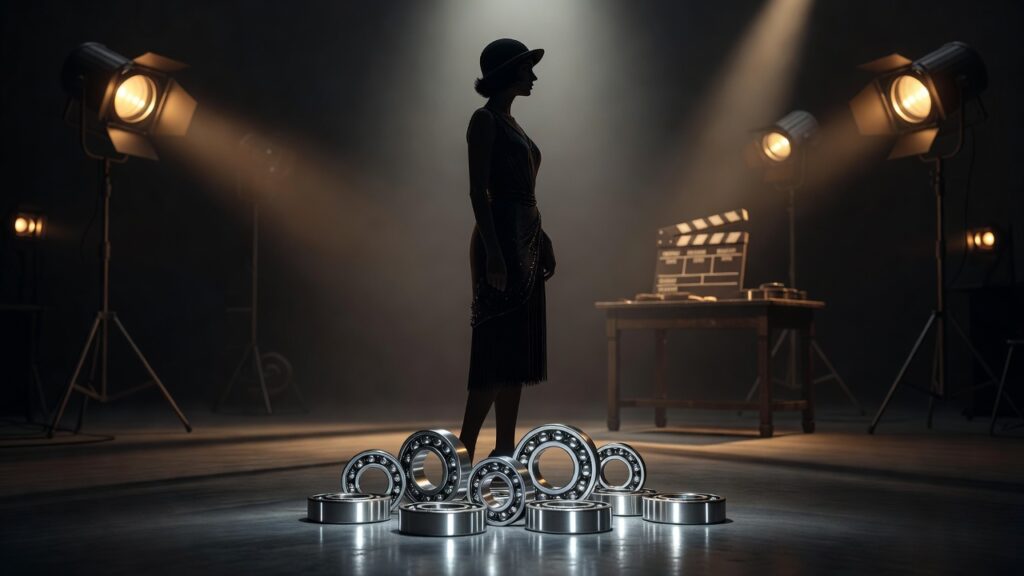 Figura femenina de estilo cinematográfico de los años veinte frente a rodamientos metálicos pulidos bajo luz de estudio