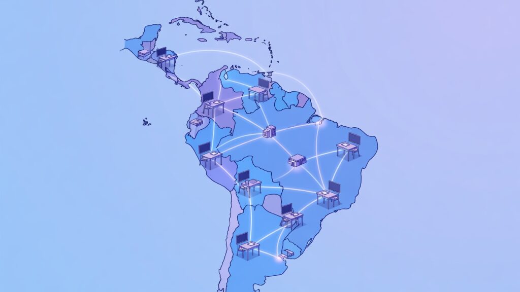 Ilustración editorial de un mapa de América Latina con aulas y nodos de datos conectados en tonos azul y violeta