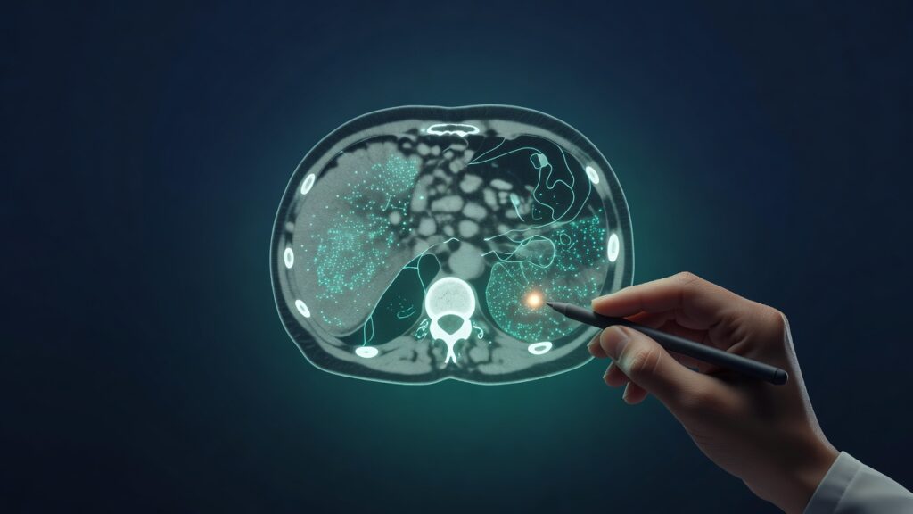 Tomografía computarizada del abdomen con partículas verdes brillantes y una mano sosteniendo un lápiz que apunta a un punto naranja luminoso en el lado derecho.