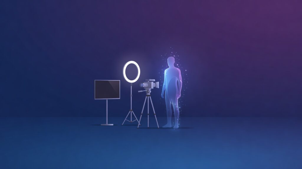 Estudio de video con aro de luz y cámara frente a una silueta luminosa de presentador sintético