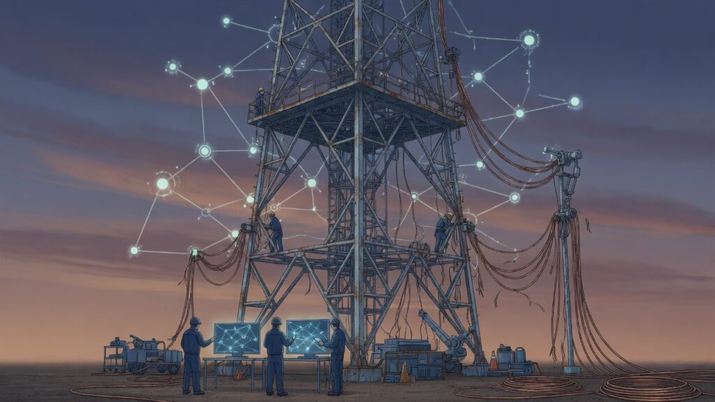 Torre de telecomunicaciones con una red luminosa de nodos de datos y cables de cobre retirados hacia el suelo