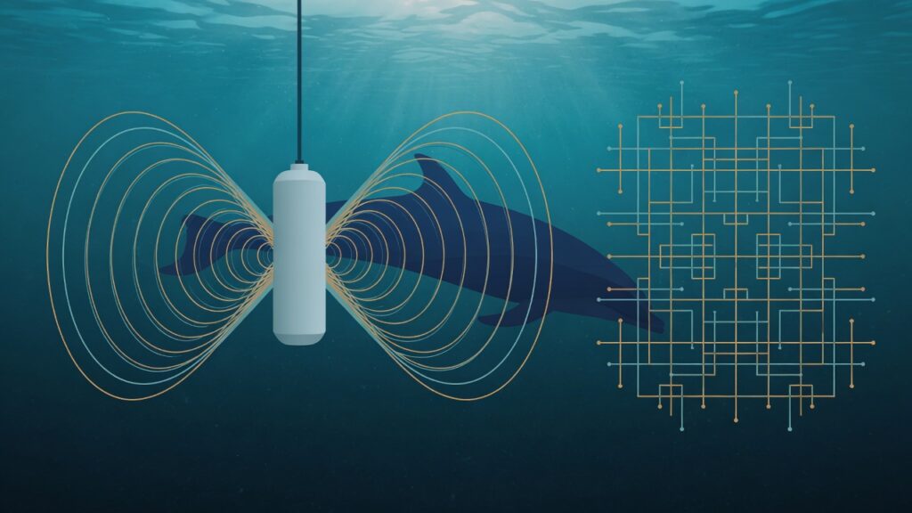 Hidrófono bajo el mar que emite ondas sonoras hacia la silueta de un delfín y las convierte en una retícula de datos
