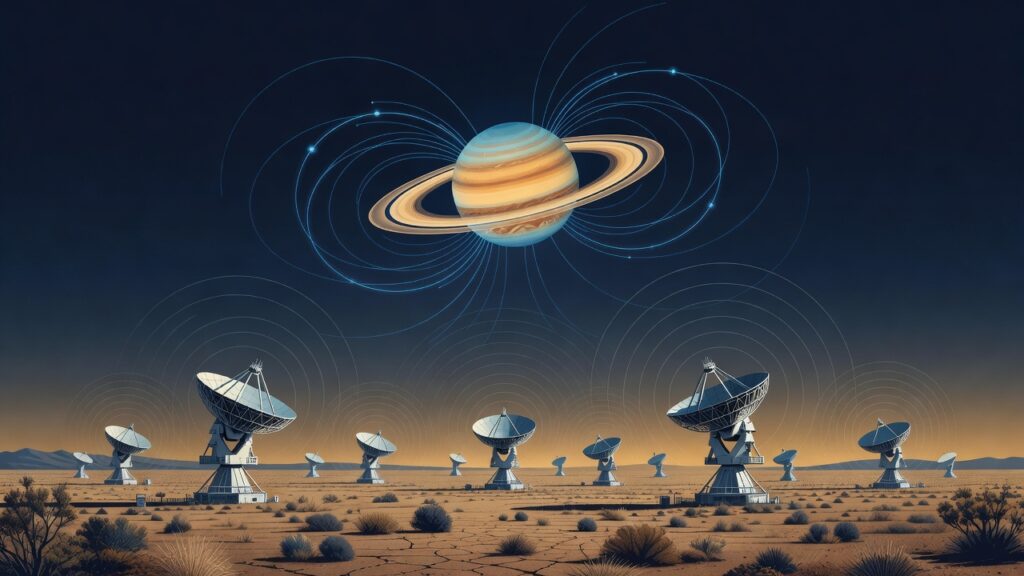 Arreglo de radiotelescopios en una llanura árida de noche con un planeta gigante de líneas de campo magnético en el cielo