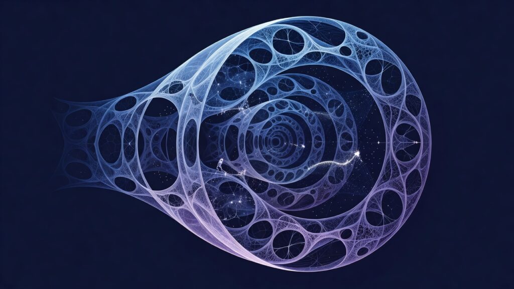 Estructura jerárquica de filamentos luminosos azules y violetas con vacíos de distinto tamaño sobre fondo azul oscuro