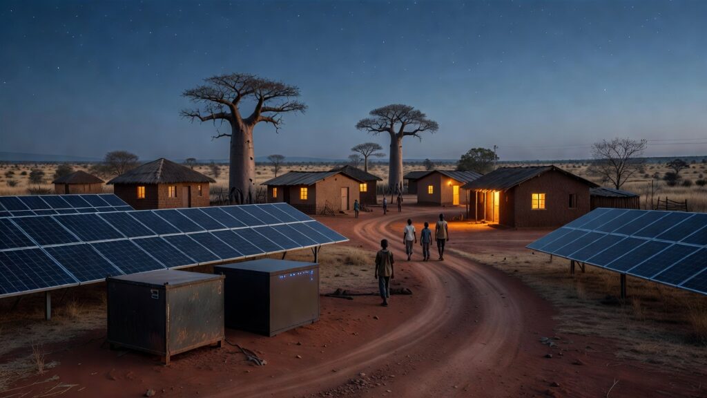 Minirred solar y contenedor de cómputo al atardecer en una aldea africana con casas iluminadas y paneles solares