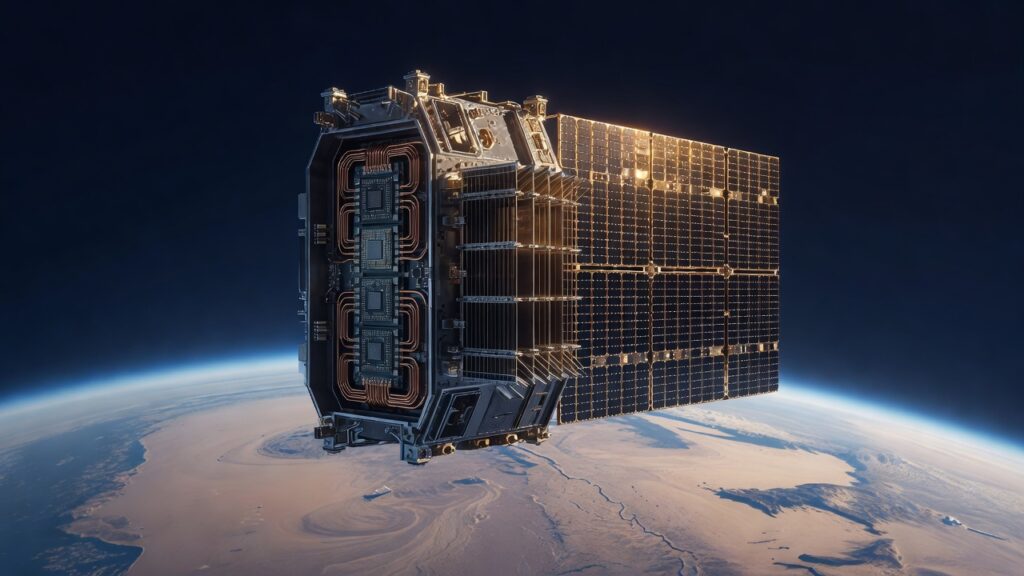 Satélite experimental con chips de IA al descubierto, paneles solares y aletas de radiador en órbita baja sobre la Tierra