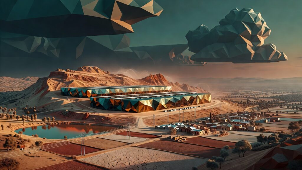 Ilustración editorial de un gran campus de centros de datos excavado en una ladera seca junto a una aldea rural con cultivos y árboles