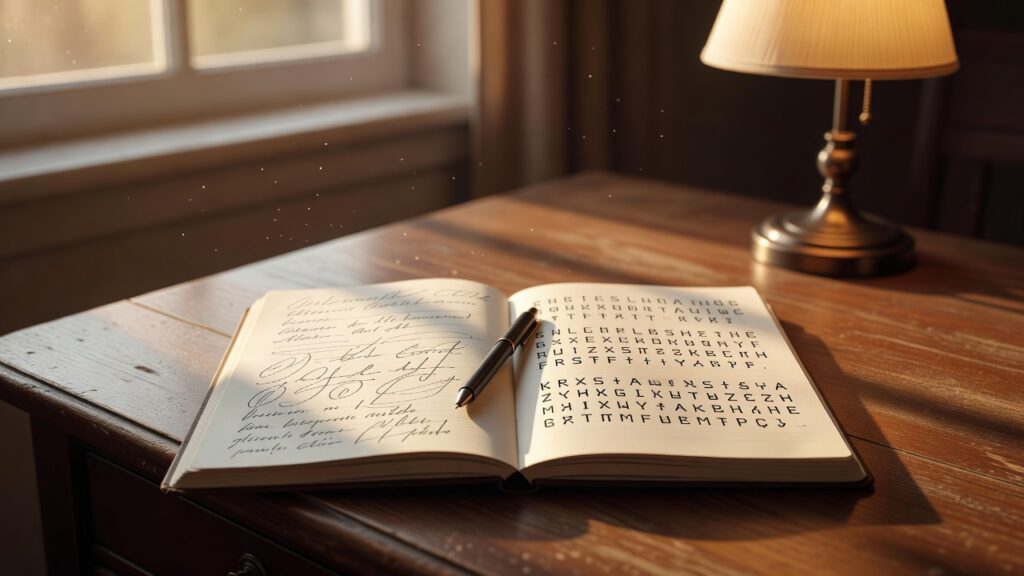 Cuaderno abierto con escritura a mano y texto impreso, bajo la luz de una lámpara y una ventana