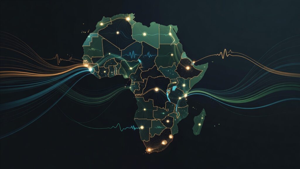 Mapa del continente africano en tonos verdes oscuros sobre fondo negro, con contornos dorados delineando los países. Presenta múltiples puntos luminosos blancos y amarillos de distintos tamaños, algunos más brillantes, y líneas onduladas luminosas en azul, verde y naranja que fluyen horizontalmente y alrededor del mapa.