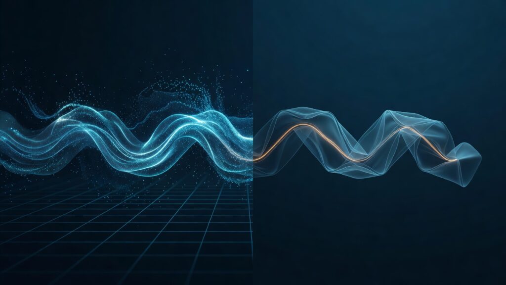 Imagen dividida verticalmente en dos mitades. La mitad izquierda muestra una onda ondulante azul brillante compuesta por múltiples líneas curvas y partículas luminosas dispersas sobre una cuadrícula en perspectiva sobre fondo oscuro. La mitad derecha muestra una onda fluida translúcida en tonos azules con varias capas y una línea central naranja que sigue su trayectoria sobre fondo azul oscuro uniforme.
