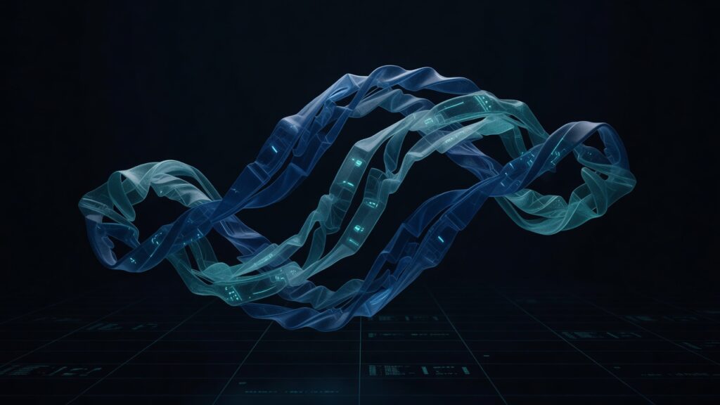 Estructura tridimensional compuesta por cintas translúcidas retorcidas en tonos azul y cian con pequeños rectángulos luminosos incrustados, suspendida sobre una cuadrícula azul en fondo negro.