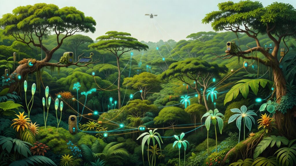 Ilustración editorial: el dosel de la selva amazónica con sensores solares, cámaras trampa y nodos de datos luminosos conectados a un satélite.