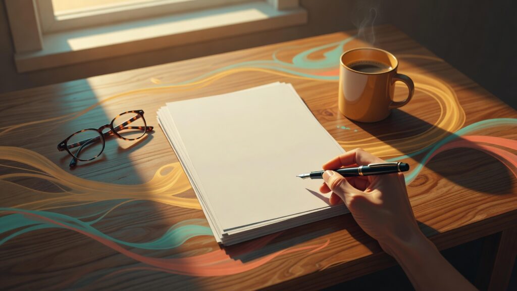 Ilustración editorial: una mano humana se posa sobre documentos en un escritorio, con cintas de luz tenue que sugieren una computación invisible.