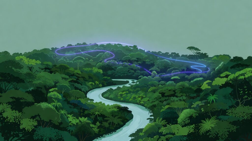 Ilustración editorial: selva amazónica vista desde lo alto con un río serpenteante y una fina línea luminosa violeta que contornea el dosel, como un nombre que reclama el territorio.