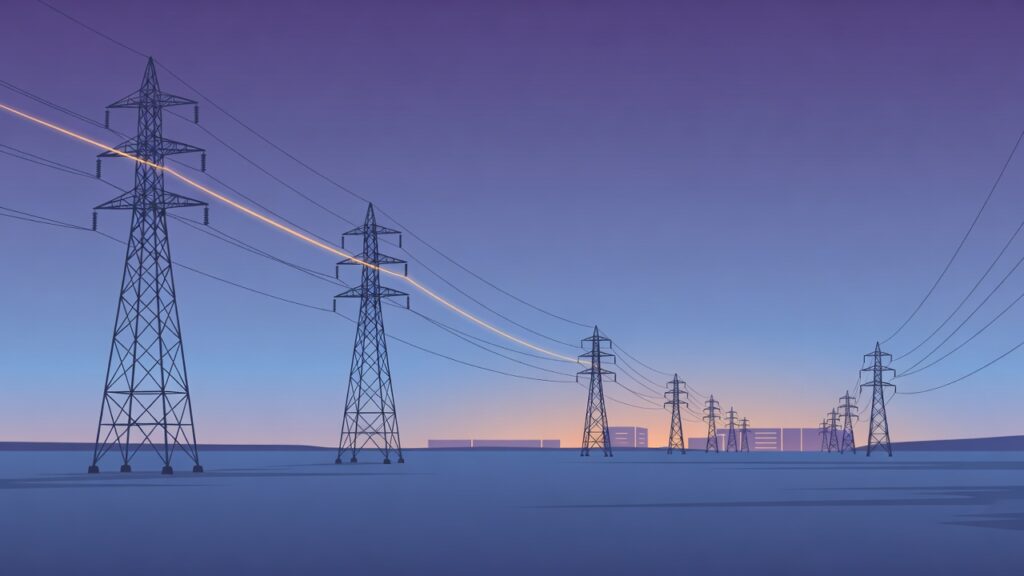 Torres de alta tensión y cables de energía sobre una llanura al atardecer, con una línea resaltada en ámbar