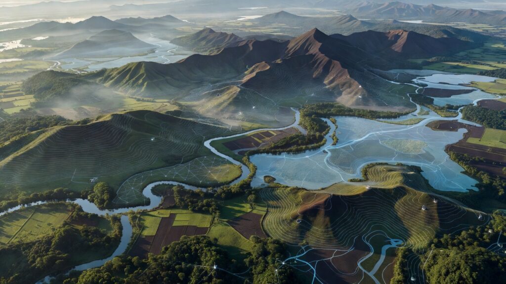 Vista aérea de un paisaje centroamericano cubierta por capas de datos y sensores, ilustración del monitoreo ambiental con IA