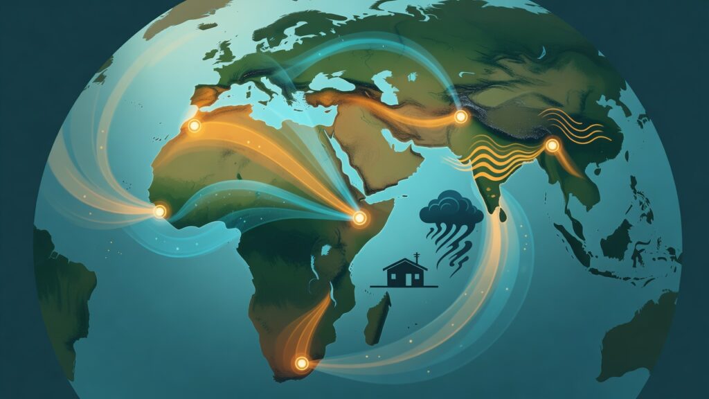 Globo terráqueo ilustrado centrado en África, Europa y Asia con tierras en verde y marrón, océanos en azul, líneas curvas luminosas naranjas y cian conectando puntos brillantes en África occidental, África central, sur de África, Oriente Medio e India, líneas onduladas naranjas cerca de India, icono negro de edificio con cruz y nube con líneas descendentes en la parte inferior, estilo digital con brillos y partículas sobre fondo azul oscuro