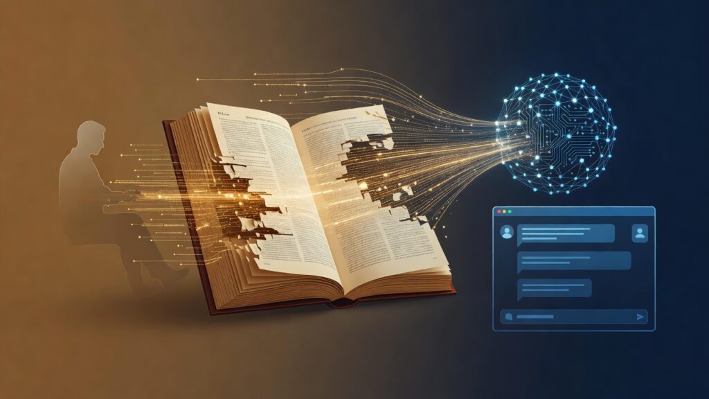 Libro abierto con páginas fragmentadas y texto visible en el centro, silueta humana translúcida usando portátil a la izquierda, partículas y líneas doradas fluyendo desde el libro hacia esfera azul de red neuronal con circuitos a la derecha, ventana de chat azul con burbujas de mensajes en la esquina inferior derecha, fondo con gradiente de marrón a azul oscuro, ilustración digital futurista