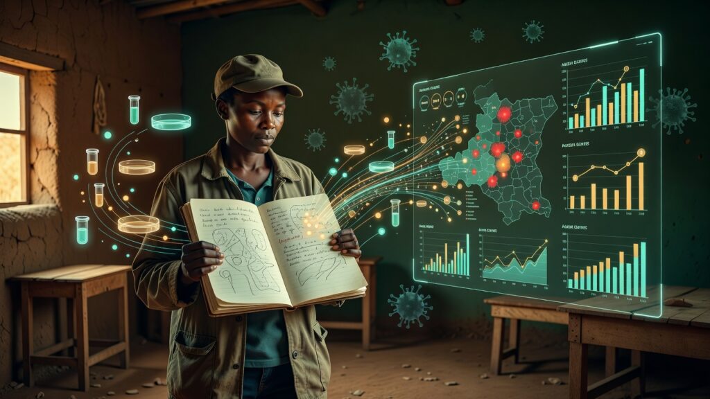 Mujer joven africana con gorra y chaqueta sostiene un cuaderno abierto con dibujos y texto, frente a una pantalla digital grande que muestra un mapa de África Central con puntos rojos, gráficos de barras y curvas, tubos de ensayo, placas de Petri y partículas de virus flotando alrededor en un entorno rústico.