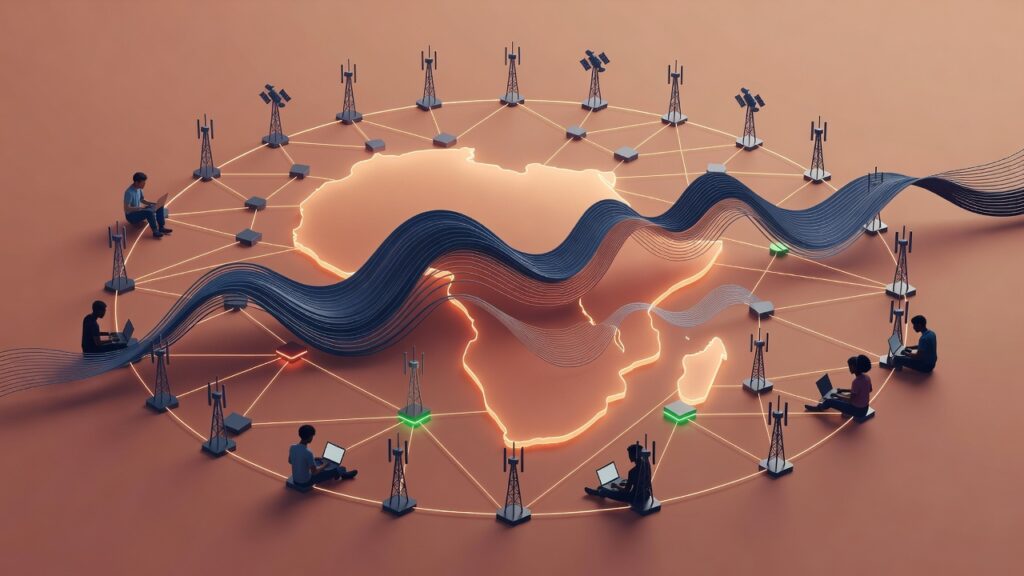 Ilustración editorial: el mapa de África como un contorno luminoso, rodeado de torres móviles, satélites y nodos de cómputo conectados por líneas de luz.